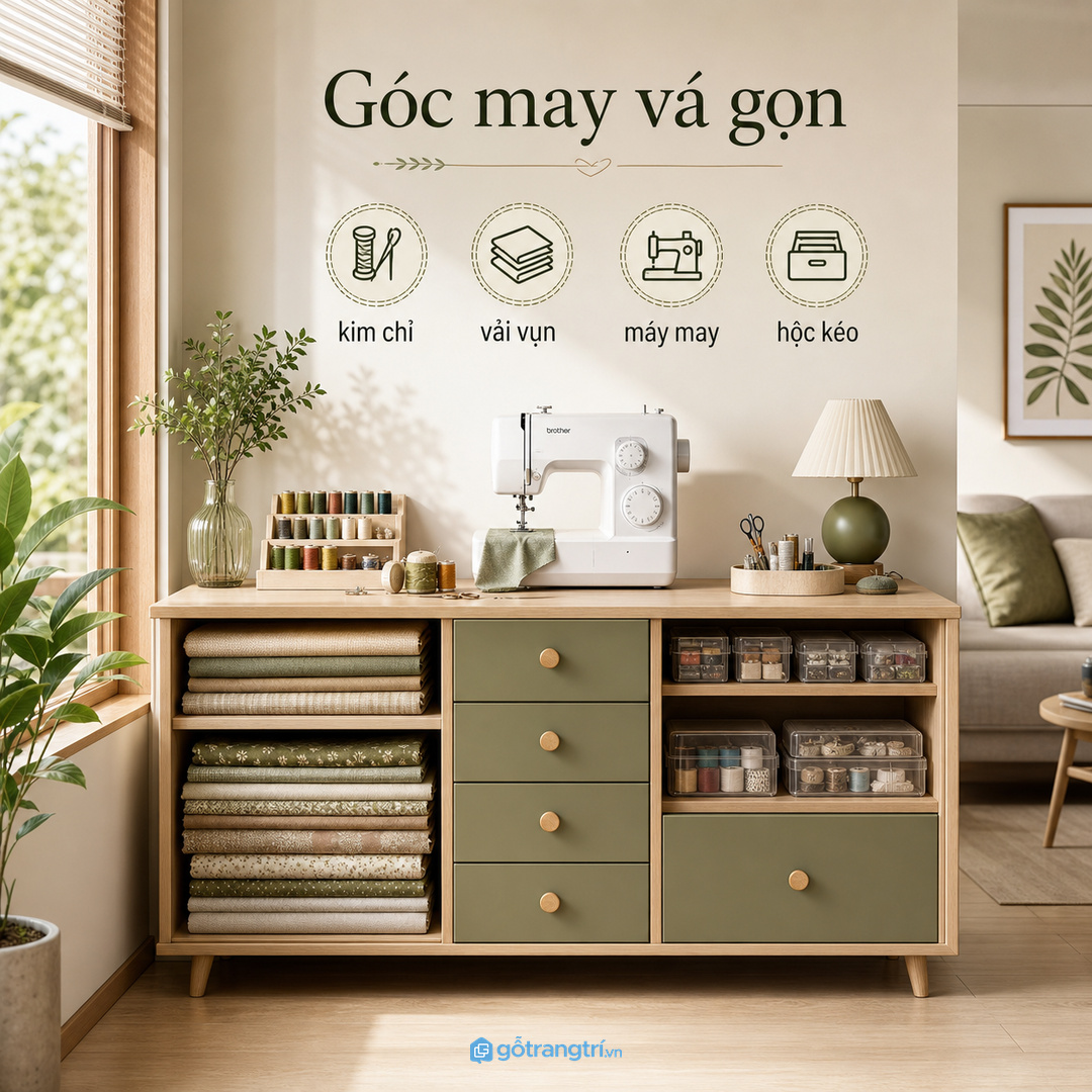 Góc may vá gọn trong nhà phố nhỏ với tủ thấp, máy may mini và hộc kéo chia ô