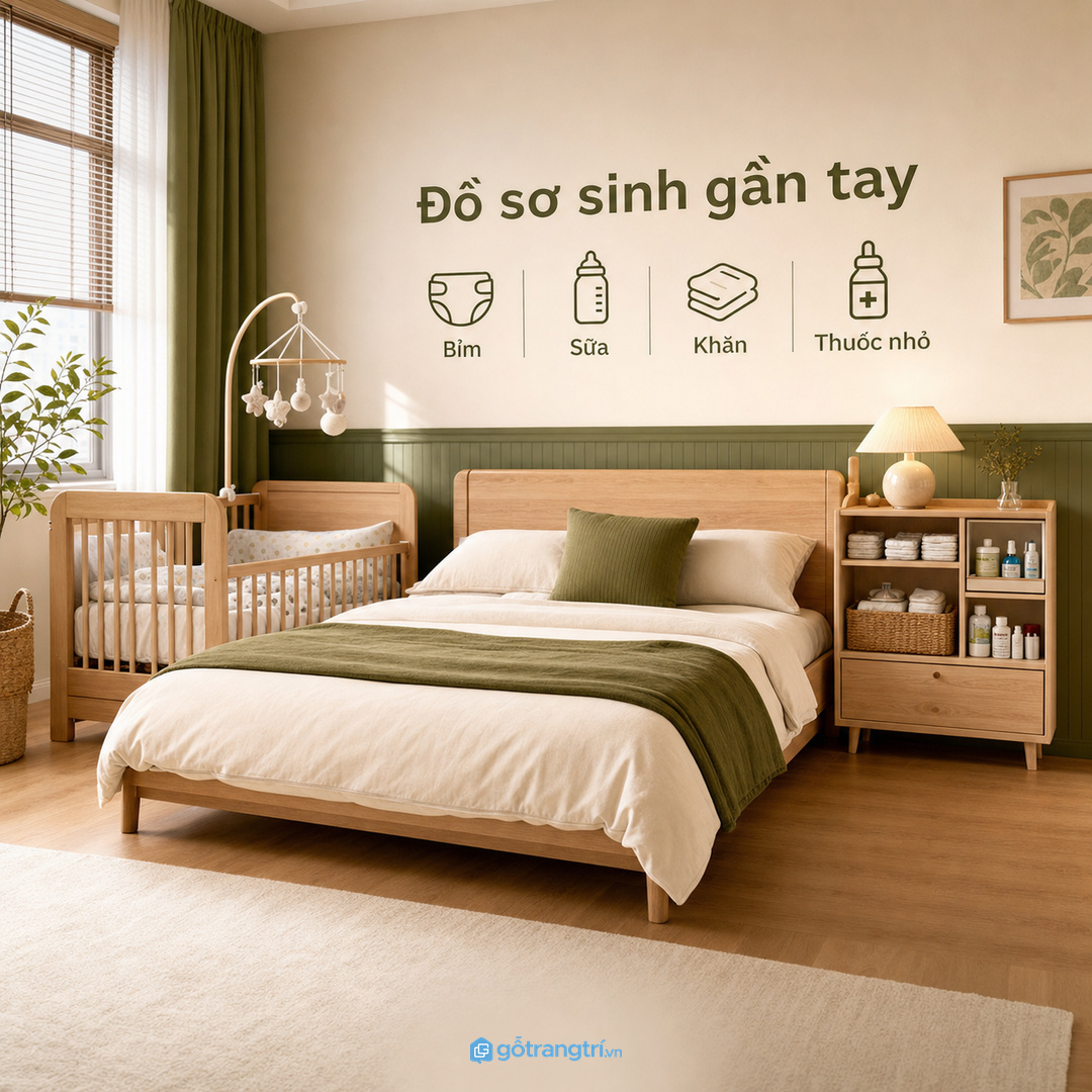 Tủ đồ sơ sinh cạnh giường giúp bỉm, sữa, khăn và thuốc nhỏ luôn gần tay