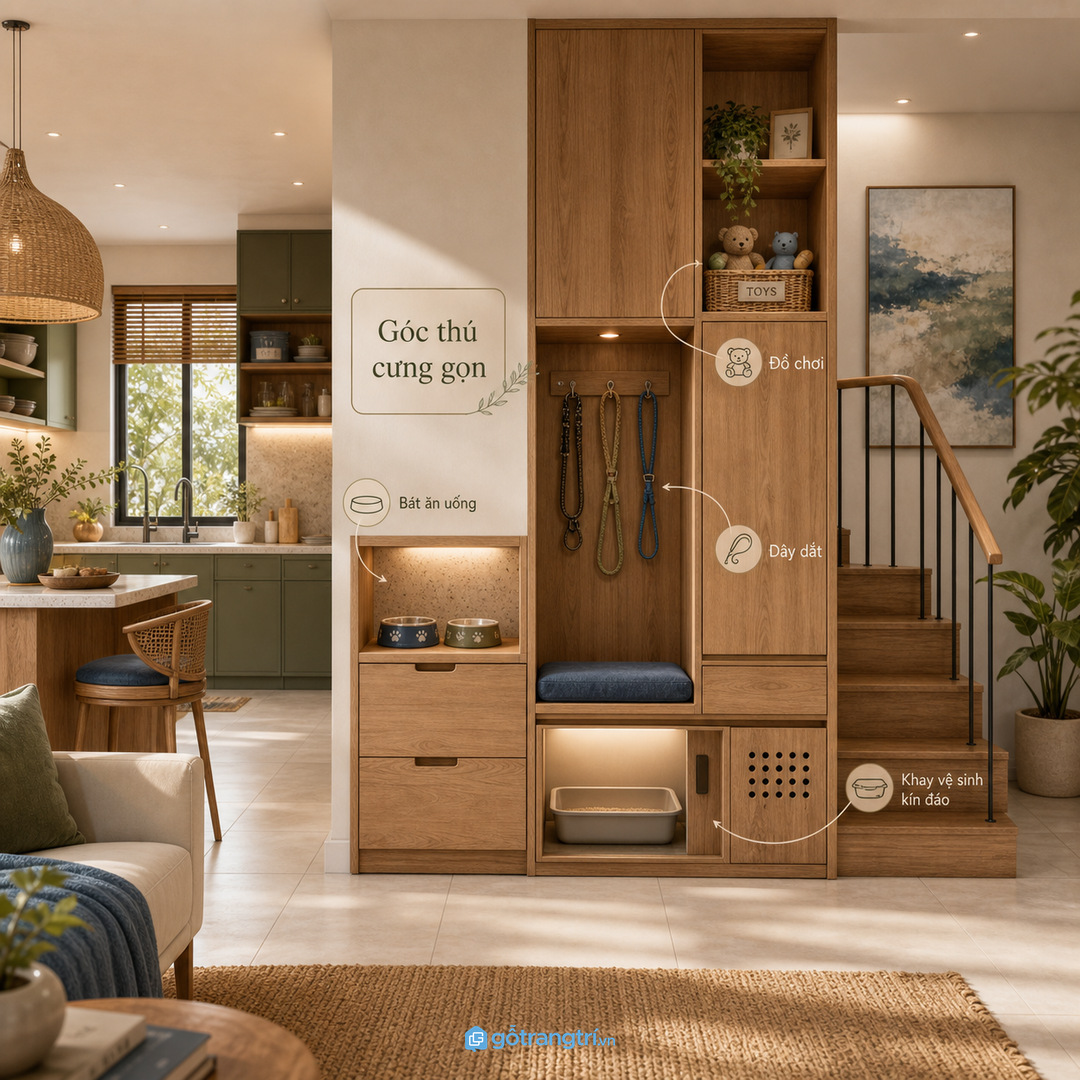Tủ đồ thú cưng âm tường giúp nhà phố nhỏ cất bát ăn, đồ chơi và khay vệ sinh gọn hơn