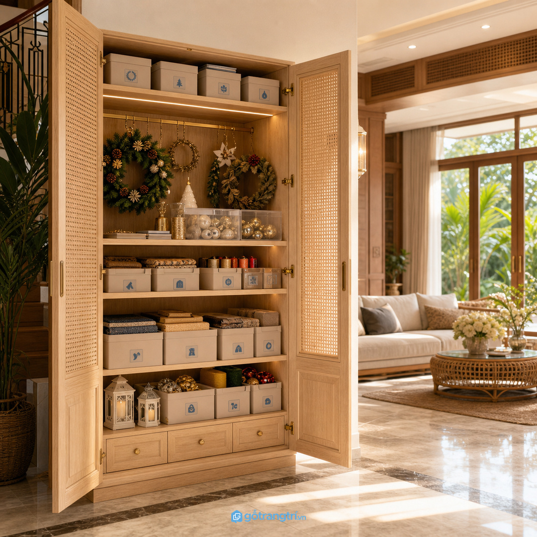 Tủ đồ trang trí mùa lễ biệt thự giúp gom decor, đèn dây và phụ kiện tiệc về một nơi