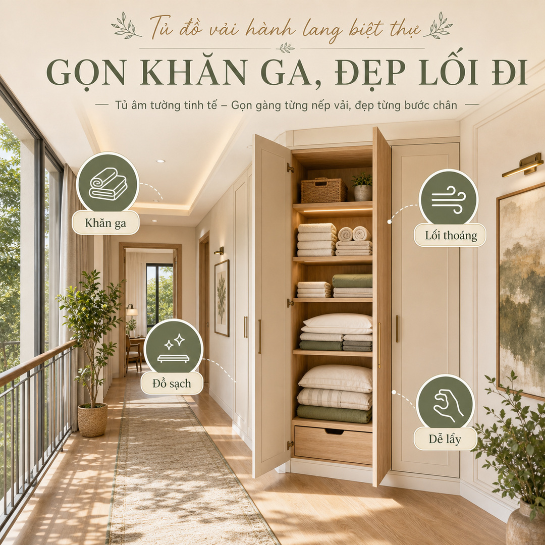 Tủ đồ vải hành lang biệt thự giúp gom chăn ga khăn và đồ dự phòng gọn hơn