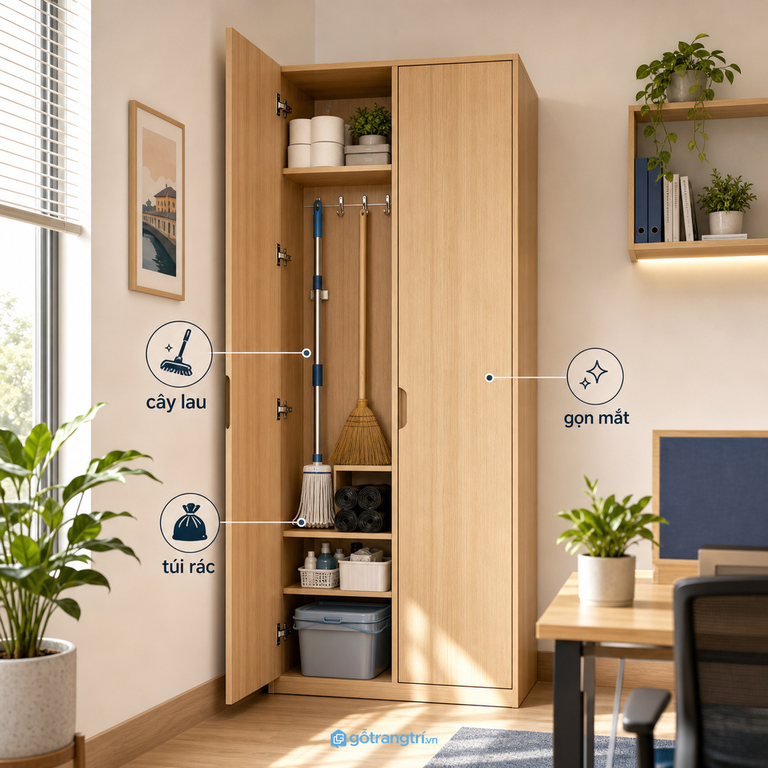 Tủ đồ vệ sinh giúp văn phòng nhỏ giấu cây lau, giấy dự phòng và đồ dọn dẹp vào một điểm gọn sạch