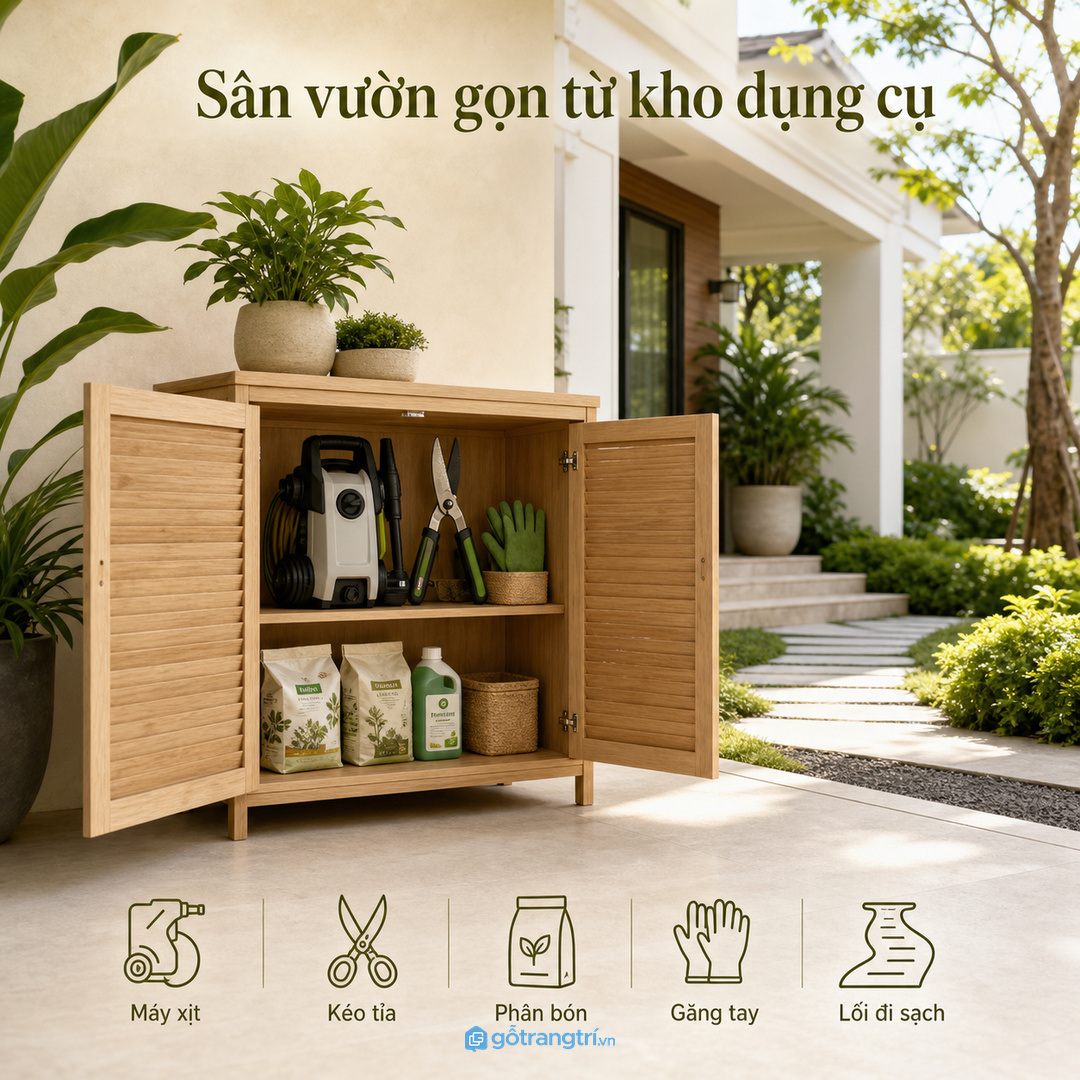 Tủ dụng cụ gara biệt thự giúp cất đồ sửa xe, máy xịt và dây điện gọn mà vẫn sang