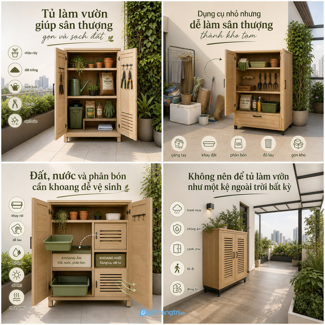 Tủ làm vườn giúp sân thượng gọn và sạch đất
