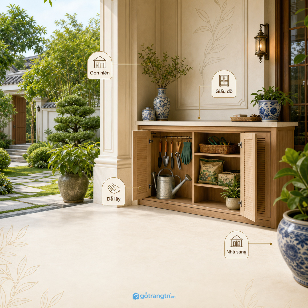 Tủ dụng cụ sân vườn giúp hiên biệt thự gọn và sang hơn