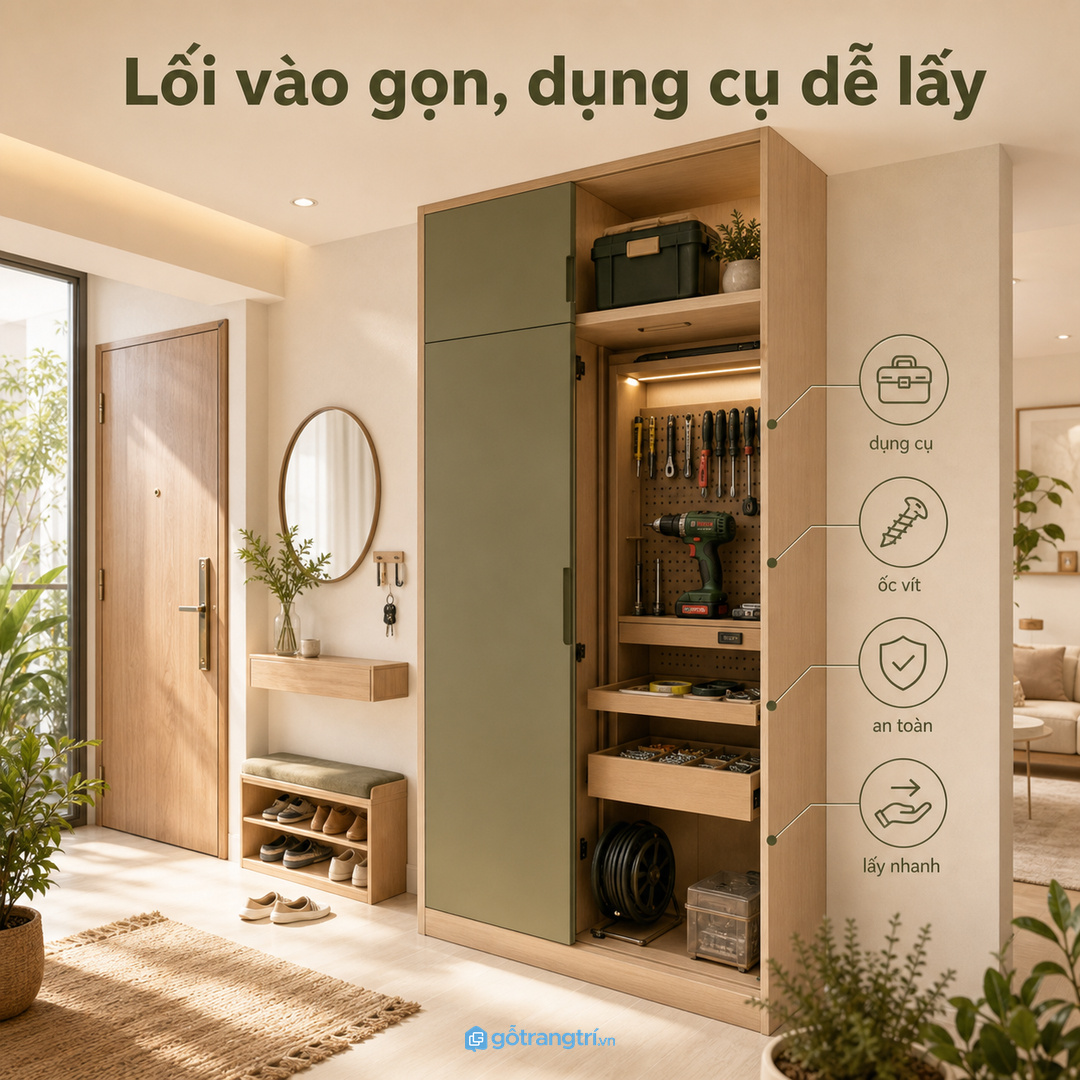 Tủ dụng cụ sửa chữa cho chung cư nhỏ giúp lối vào gọn và đồ nghề dễ lấy hơn