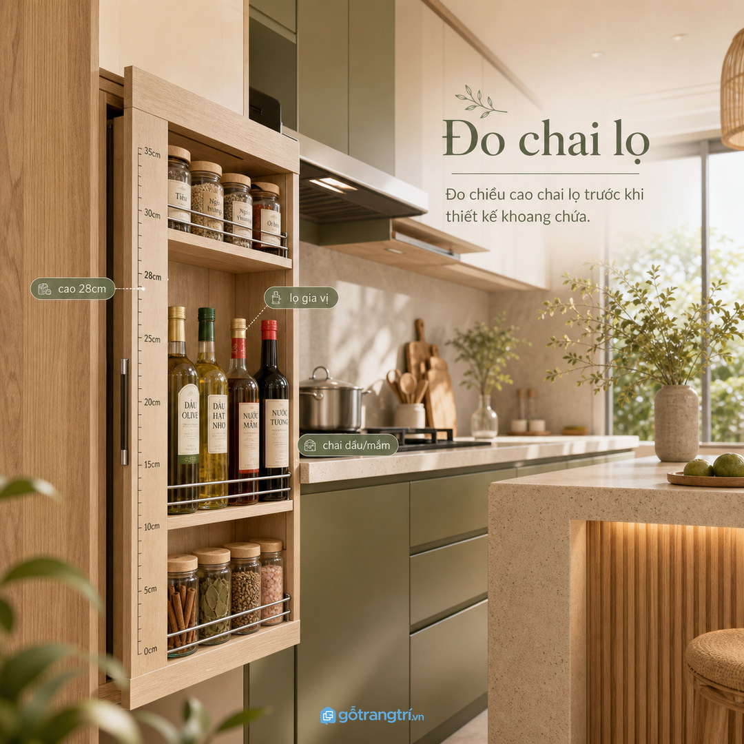 Đo chai dầu, lọ mắm, hũ gia vị và chiều sâu khoang trước khi chia tủ