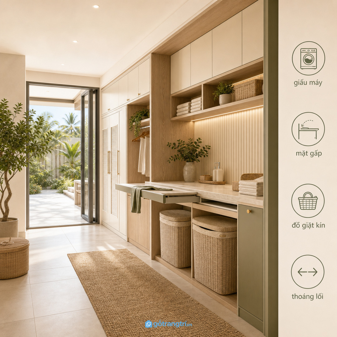 Tủ giặt sấy âm tường giúp phòng giặt biệt thự gọn đồ và khô thoáng hơn