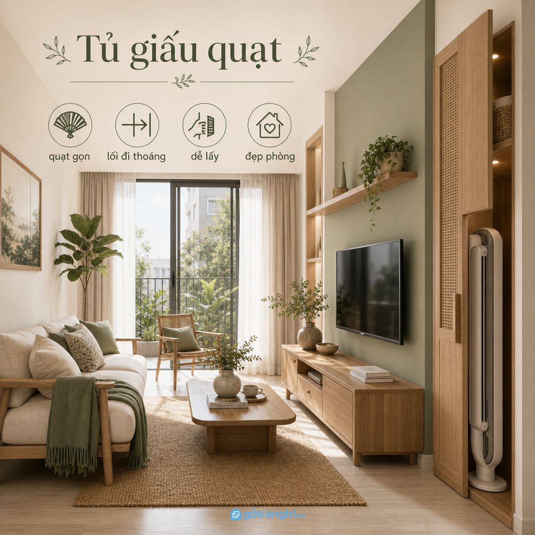 Tủ giấu quạt cây giúp phòng khách nhỏ gọn lối đi và dễ lấy khi cần