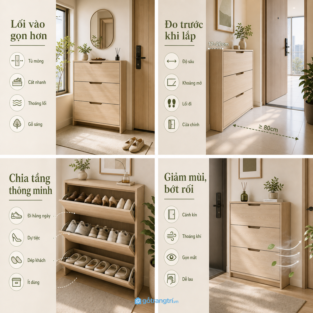 Tủ giày ghế ngồi giúp lối vào chung cư nhỏ gọn hơn