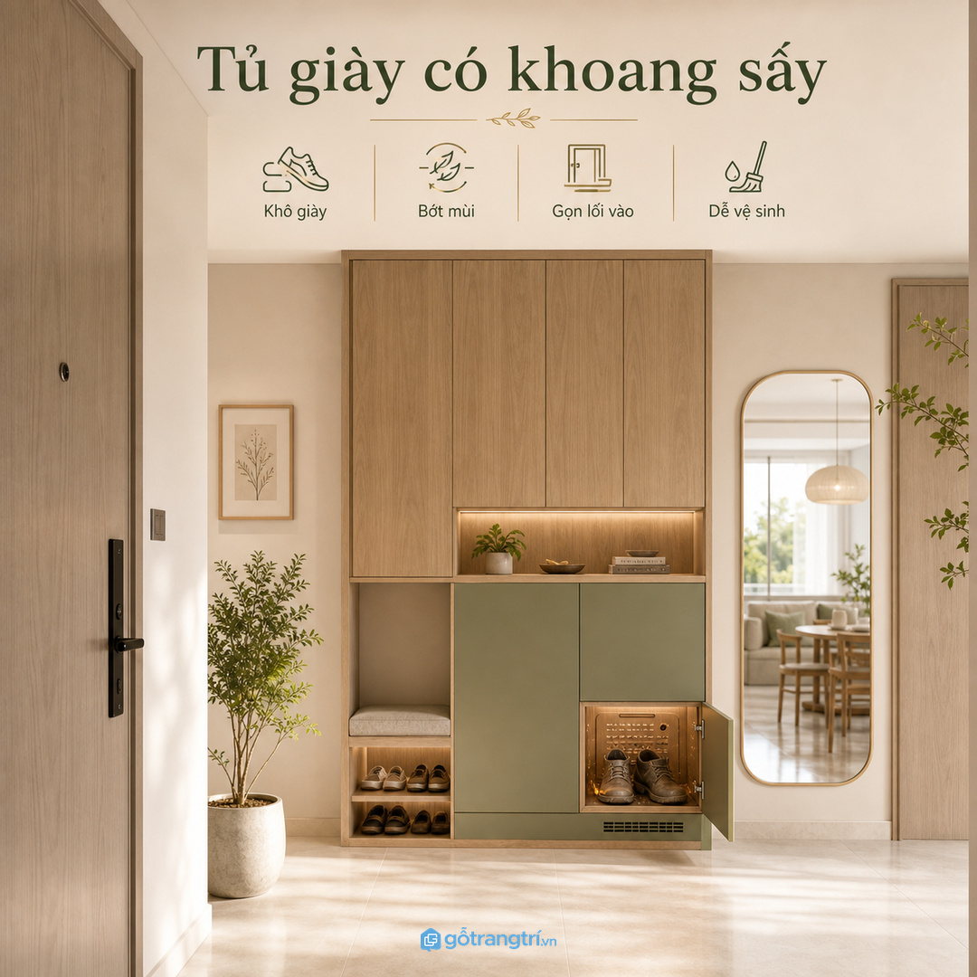 Tủ giày có khoang sấy cho chung cư nhỏ giúp lối vào khô thoáng và bớt mùi