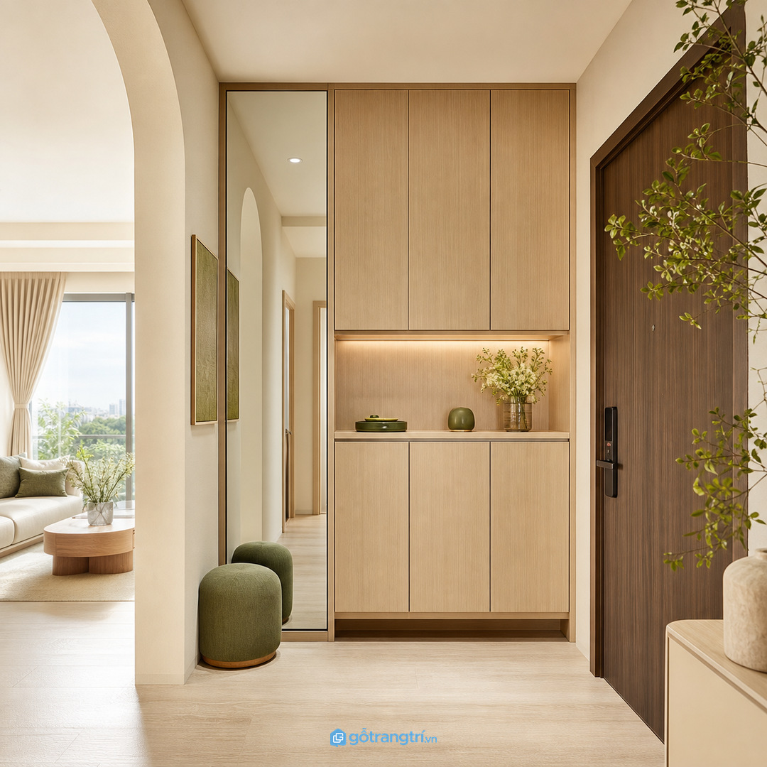 Tủ giày gương soi giúp lối vào nhỏ gọn giày và sáng hơn