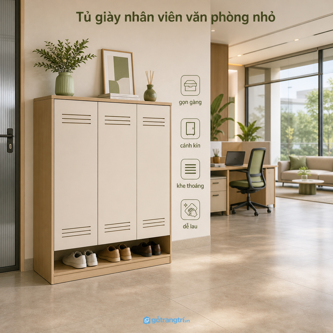 Tủ giày nhân viên giúp lối vào văn phòng nhỏ gọn và khu làm việc sạch hơn