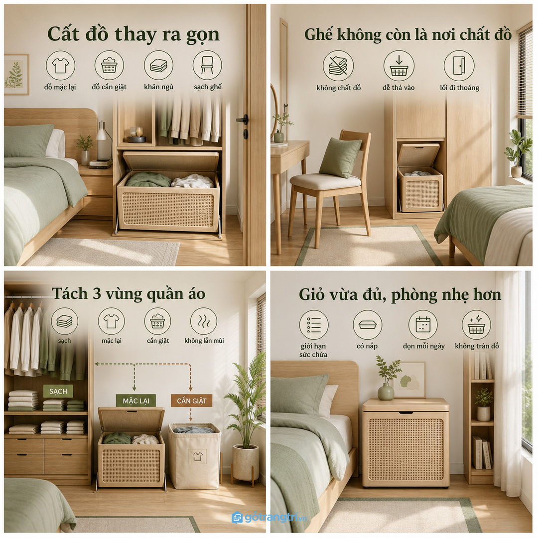 Tủ giỏ đồ ngủ giúp phòng ngủ nhỏ gọn đồ thay ra