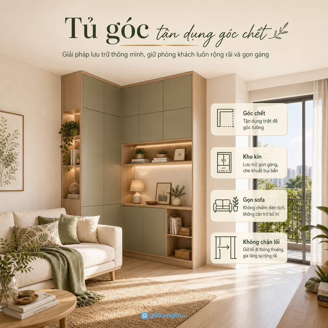 Tủ góc giúp phòng khách nhỏ tận dụng góc chết
