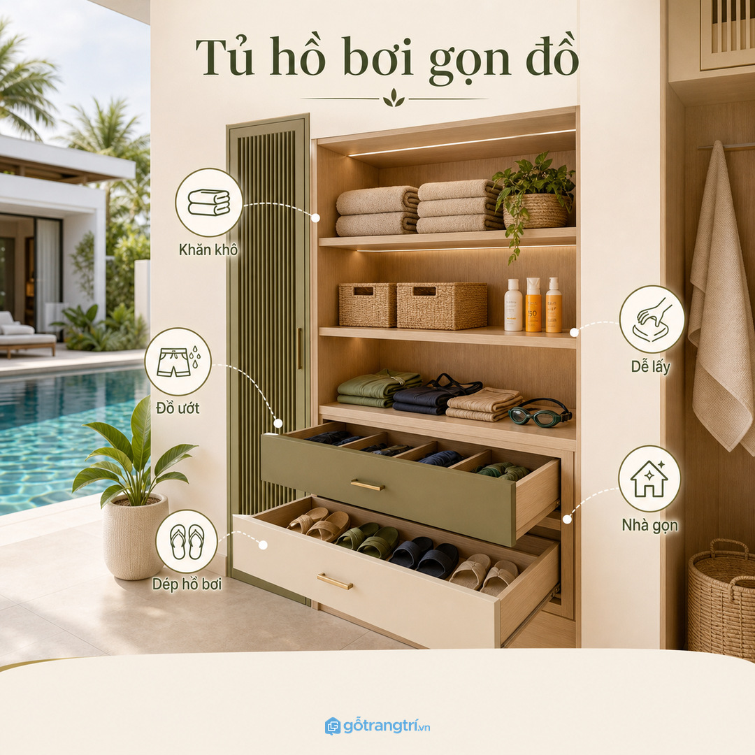 Tủ thiết bị hồ bơi biệt thự giúp gom khăn, phao và dụng cụ vệ sinh vào một vị trí sạch gọn