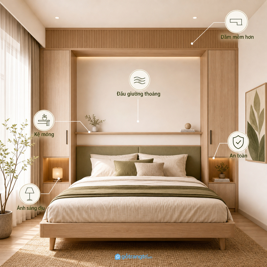 Tủ kệ che dầm đầu giường giúp phòng ngủ mềm hơn mà không che bí trần