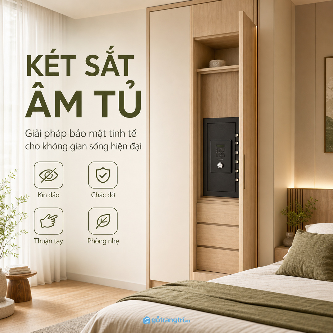 Tủ két sắt âm tủ giúp phòng ngủ nhỏ kín đáo và an toàn hơn
