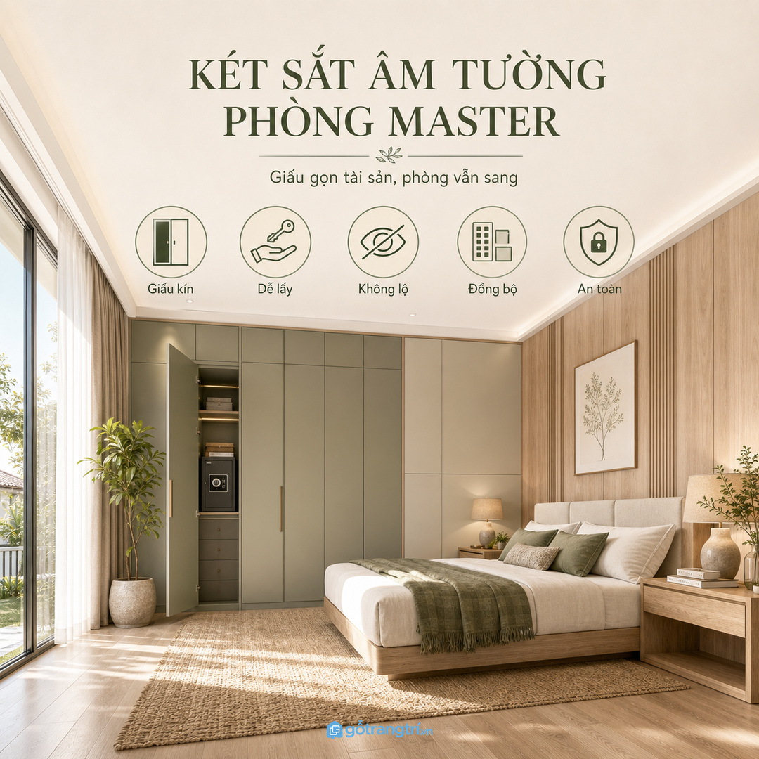 Tủ két sắt âm tường phòng ngủ master biệt thự giúp giấu gọn tài sản mà phòng vẫn sang