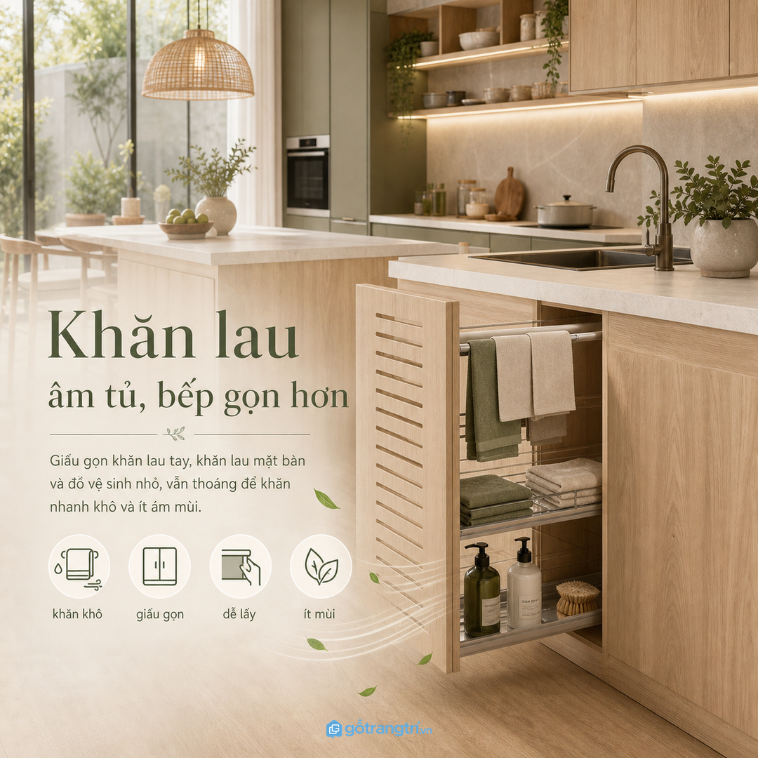 Tủ khăn lau bếp âm tủ giúp khăn khô nhanh và mặt bếp gọn hơn