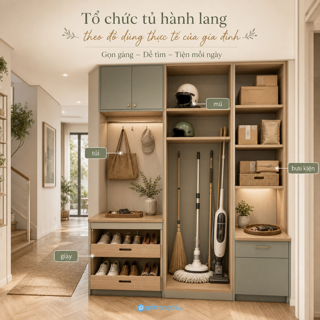 Tủ kho âm tường giúp gom đồ lặt vặt vào một vị trí kín và dễ lấy.