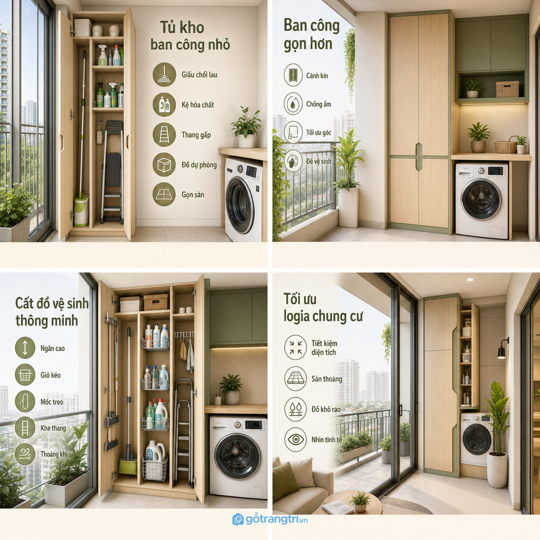 Tủ kho ban công giúp chung cư nhỏ giấu đồ vệ sinh và giữ logia thoáng gọn
