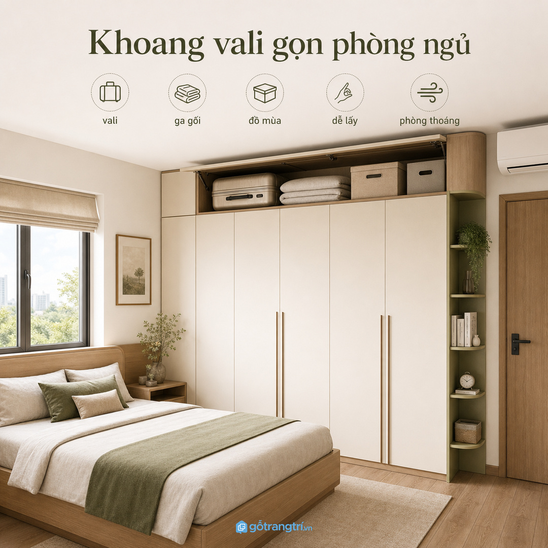 Khoang vali trên tủ quần áo giúp phòng ngủ nhỏ cất đồ mùa gọn mà không nặng phòng