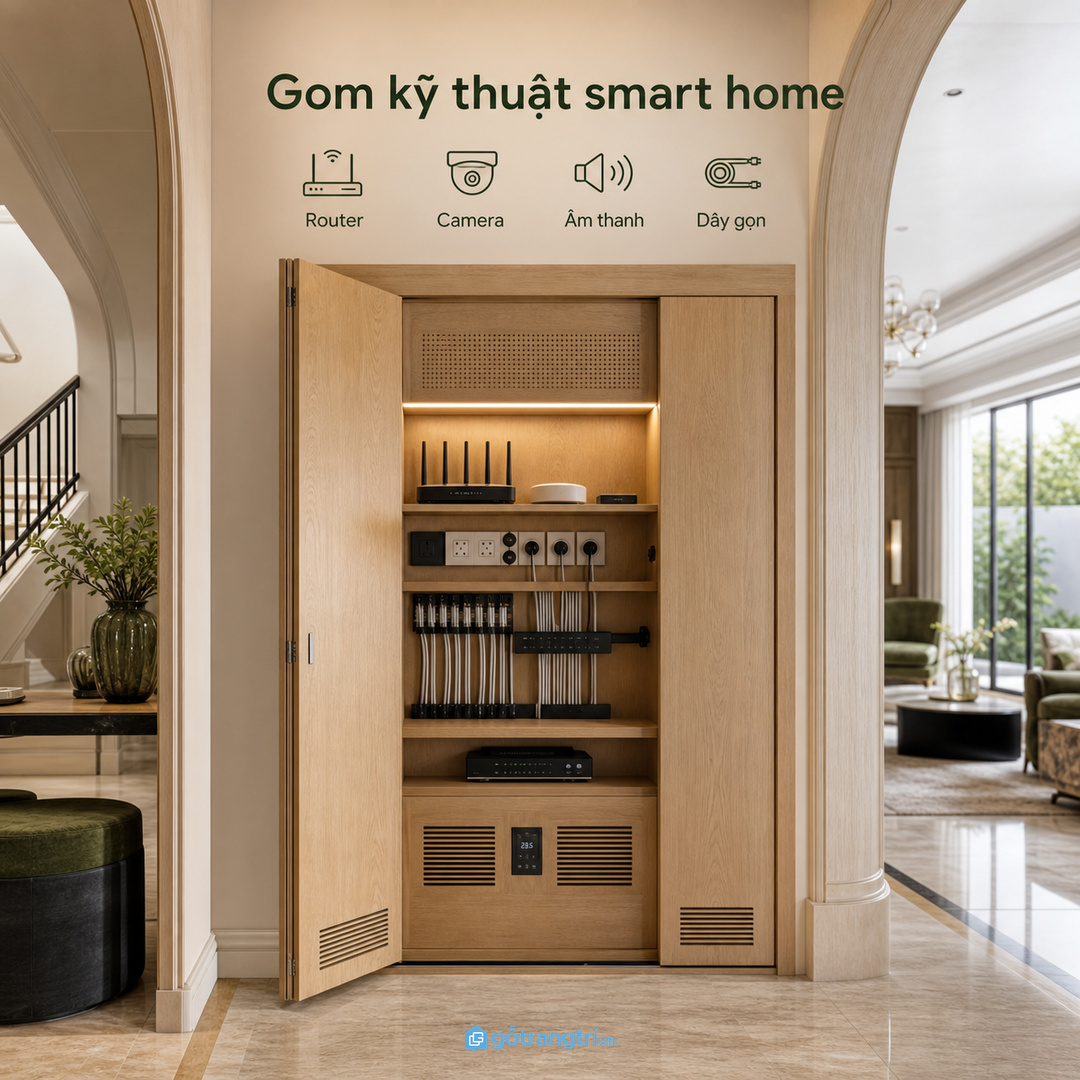 Tủ kỹ thuật smart home biệt thự giúp gom thiết bị và dây tín hiệu vào một mảng gọn