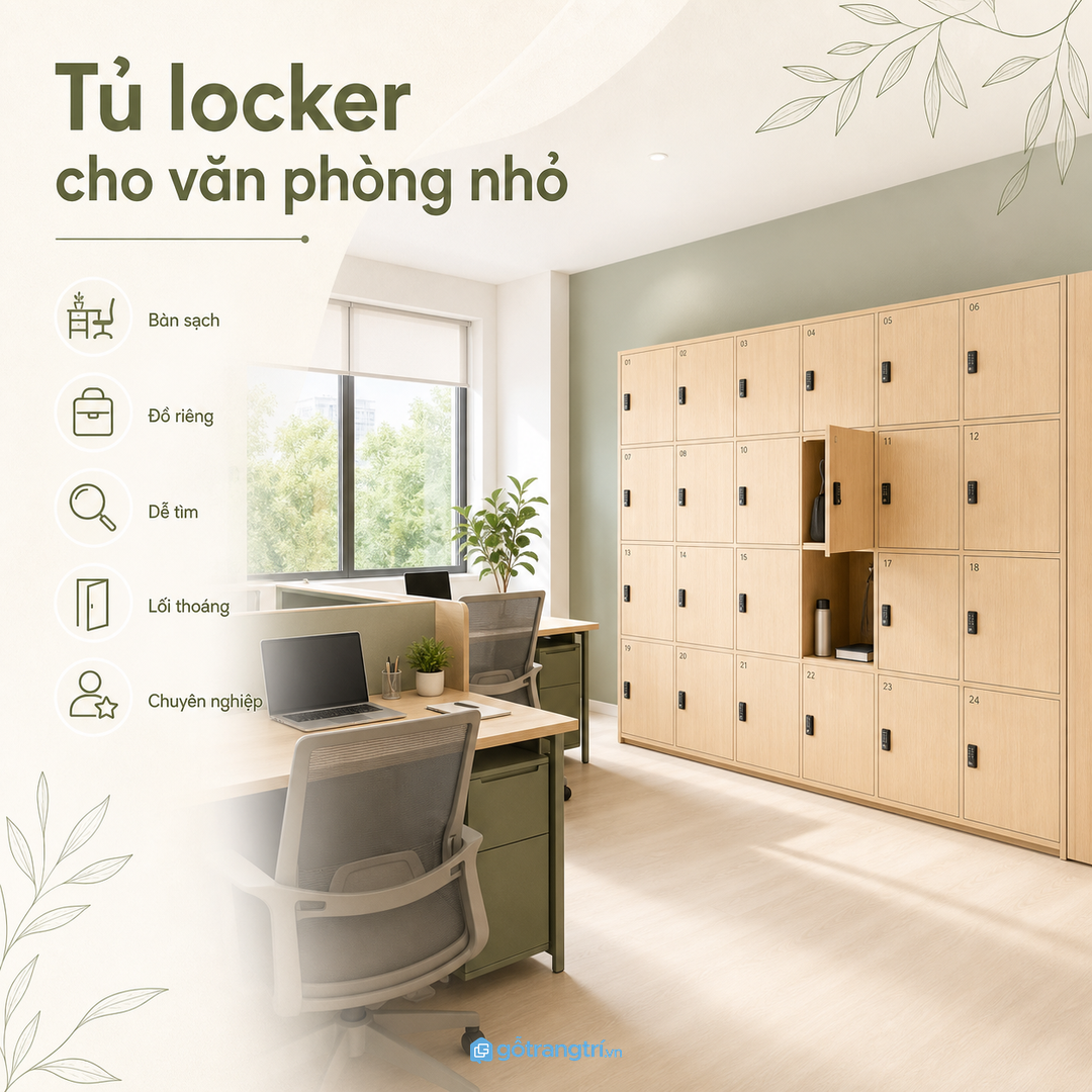 Tủ locker cá nhân giúp văn phòng nhỏ gọn đồ riêng và sạch bàn làm việc