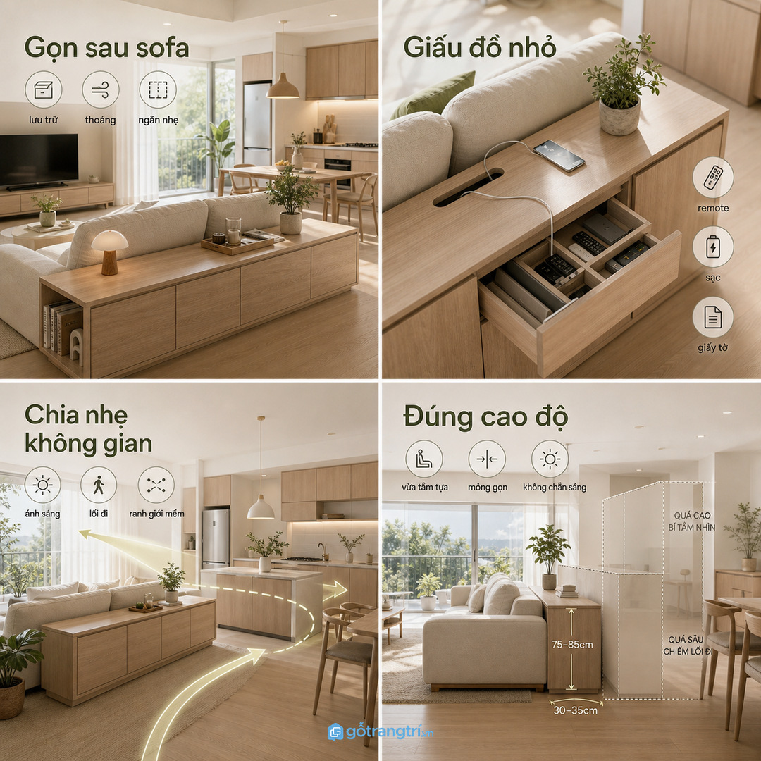 Tủ lửng sau sofa giúp chung cư nhỏ gọn sau lưng sofa và chia nhẹ phòng khách - bếp