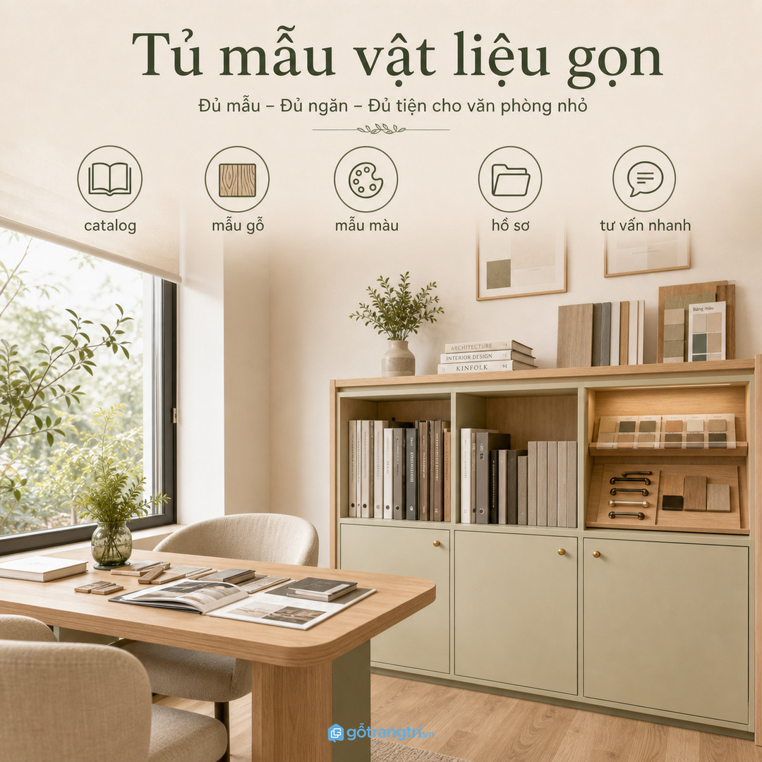 Tủ trưng bày mẫu vật liệu giúp văn phòng nhỏ gọn catalog và dễ tư vấn