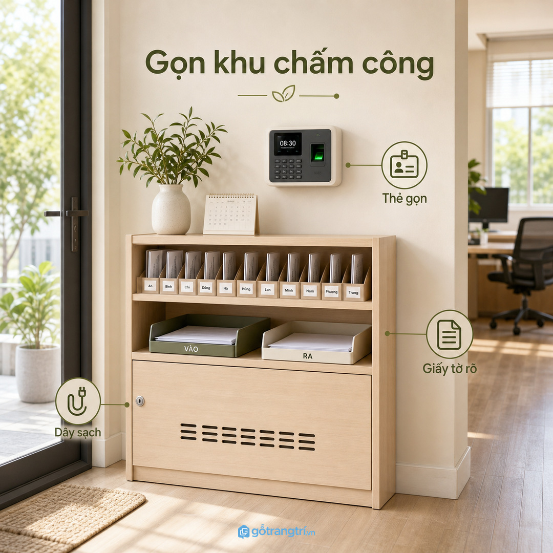 Tủ máy chấm công giúp lối vào văn phòng nhỏ gọn thẻ, sạch dây và dễ quản lý