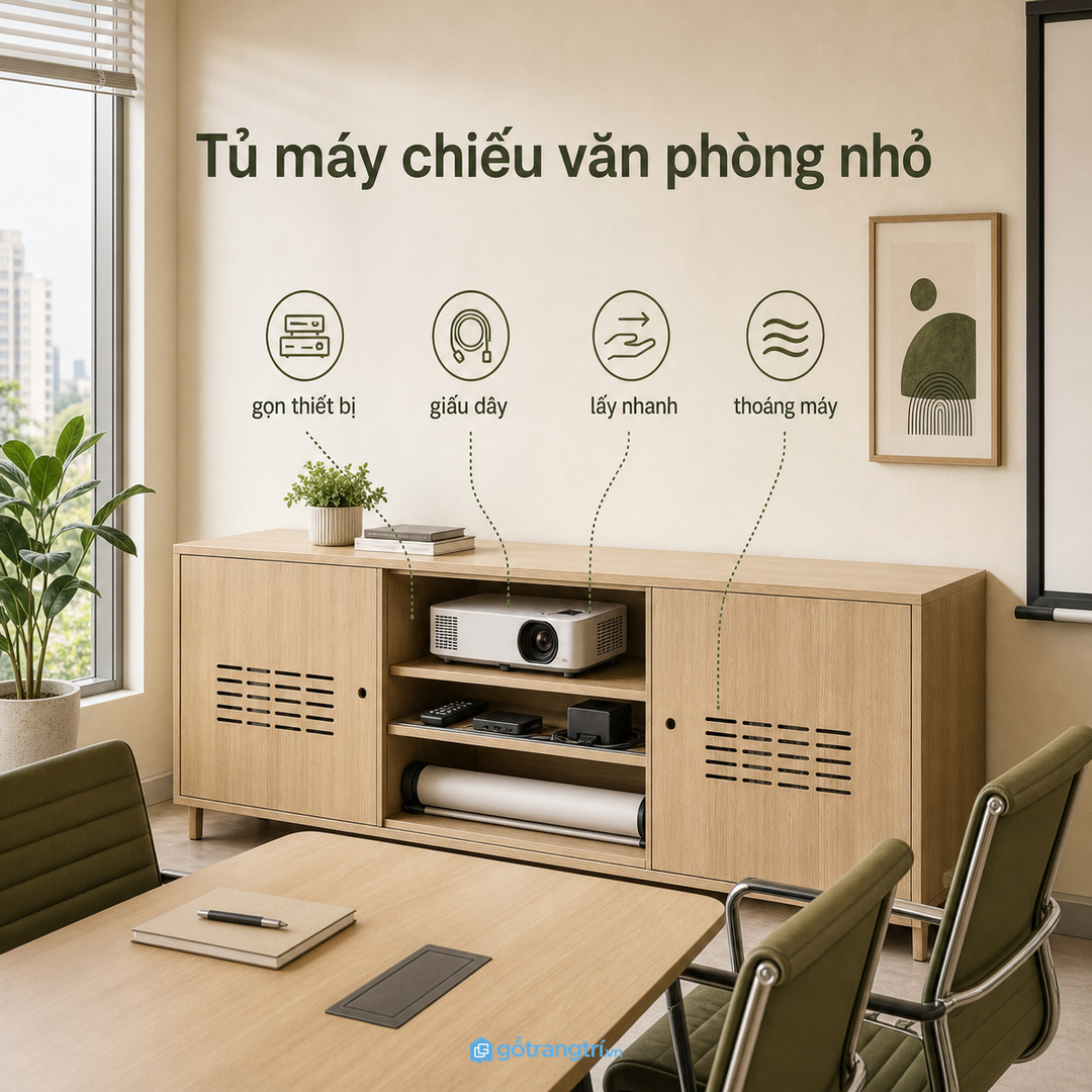 Tủ máy chiếu cho văn phòng nhỏ giúp gom thiết bị họp về một chỗ gọn