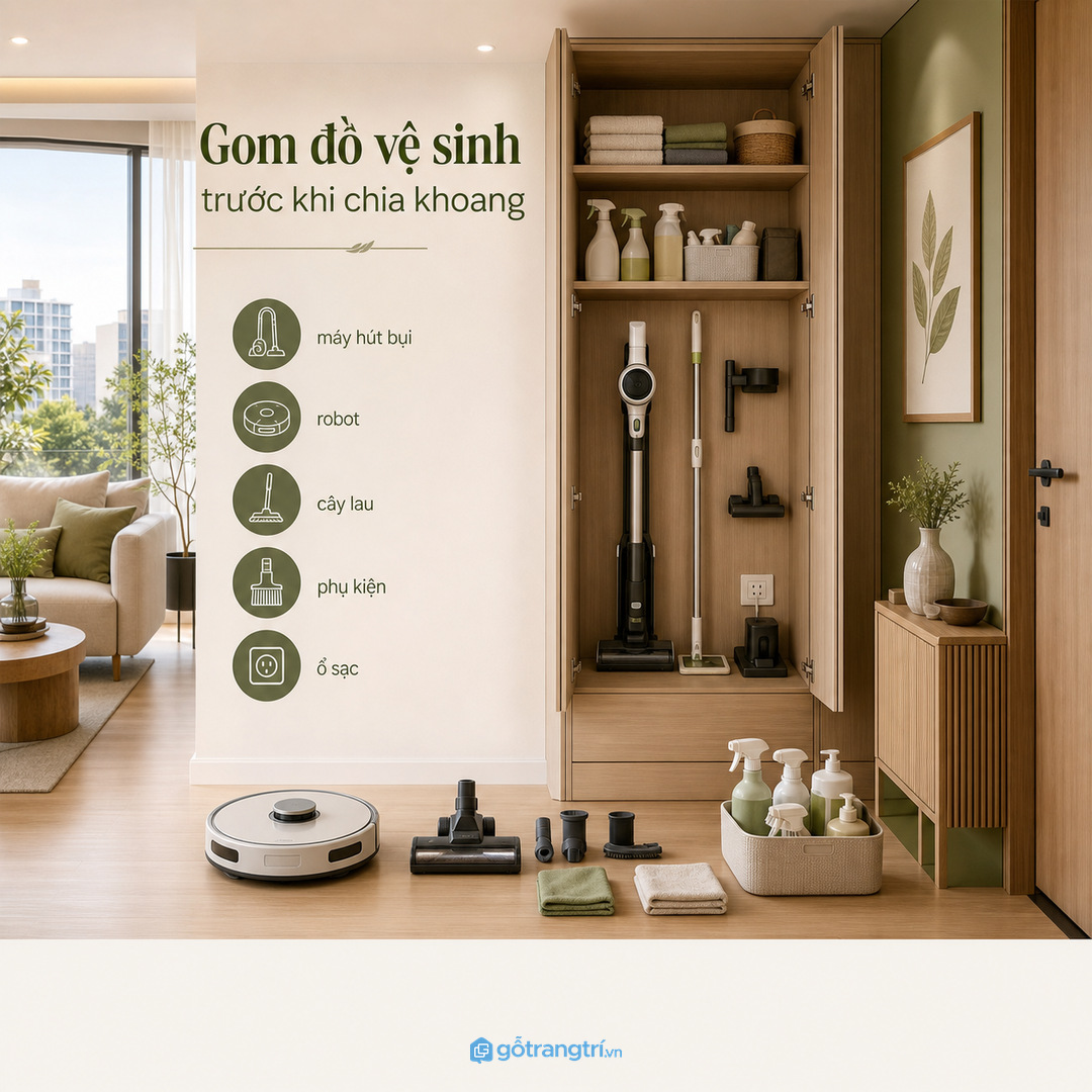 Gom máy hút bụi, robot, cây lau và phụ kiện trước khi chia khoang