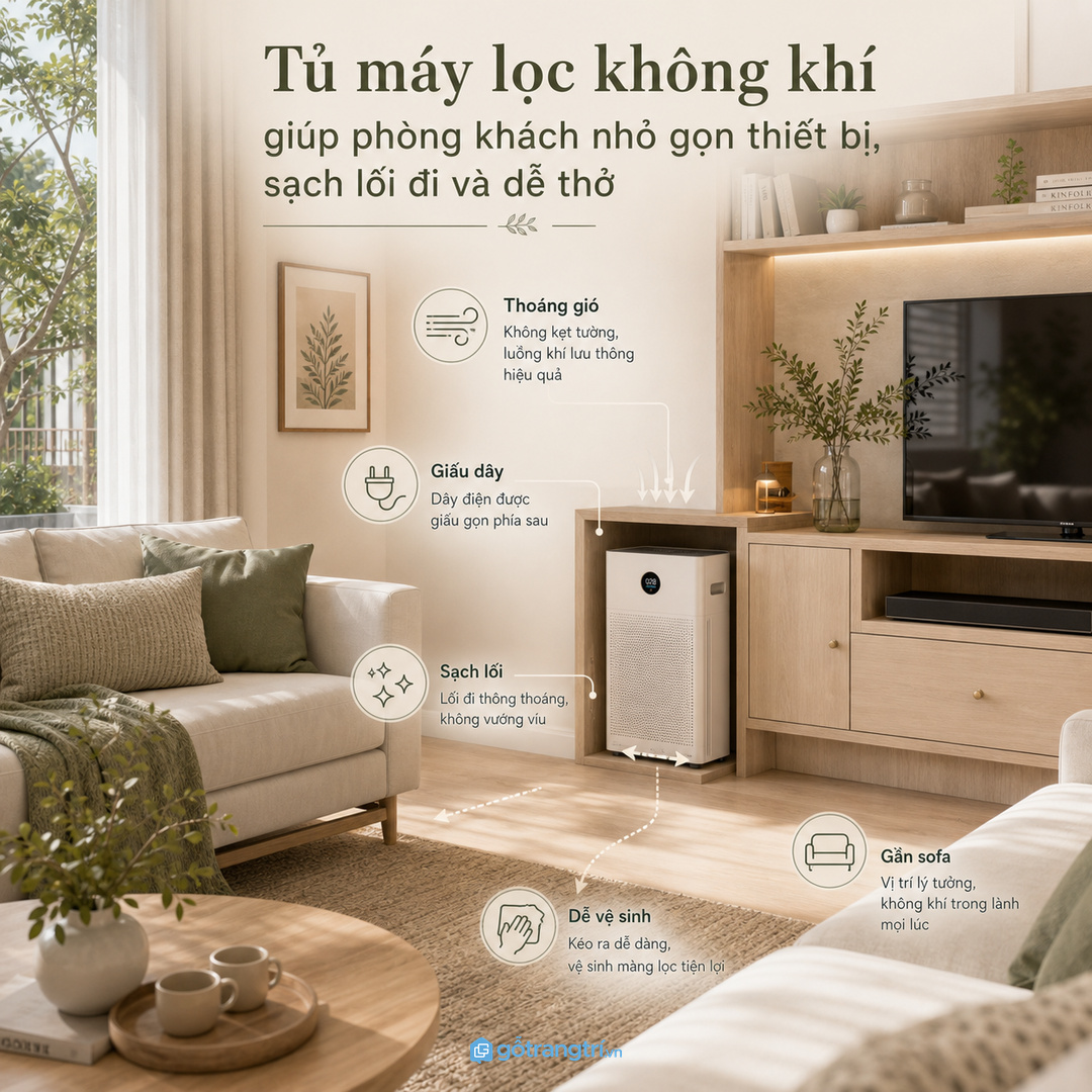 Tủ máy lọc không khí giúp phòng khách nhỏ gọn thiết bị, sạch lối đi và dễ thở