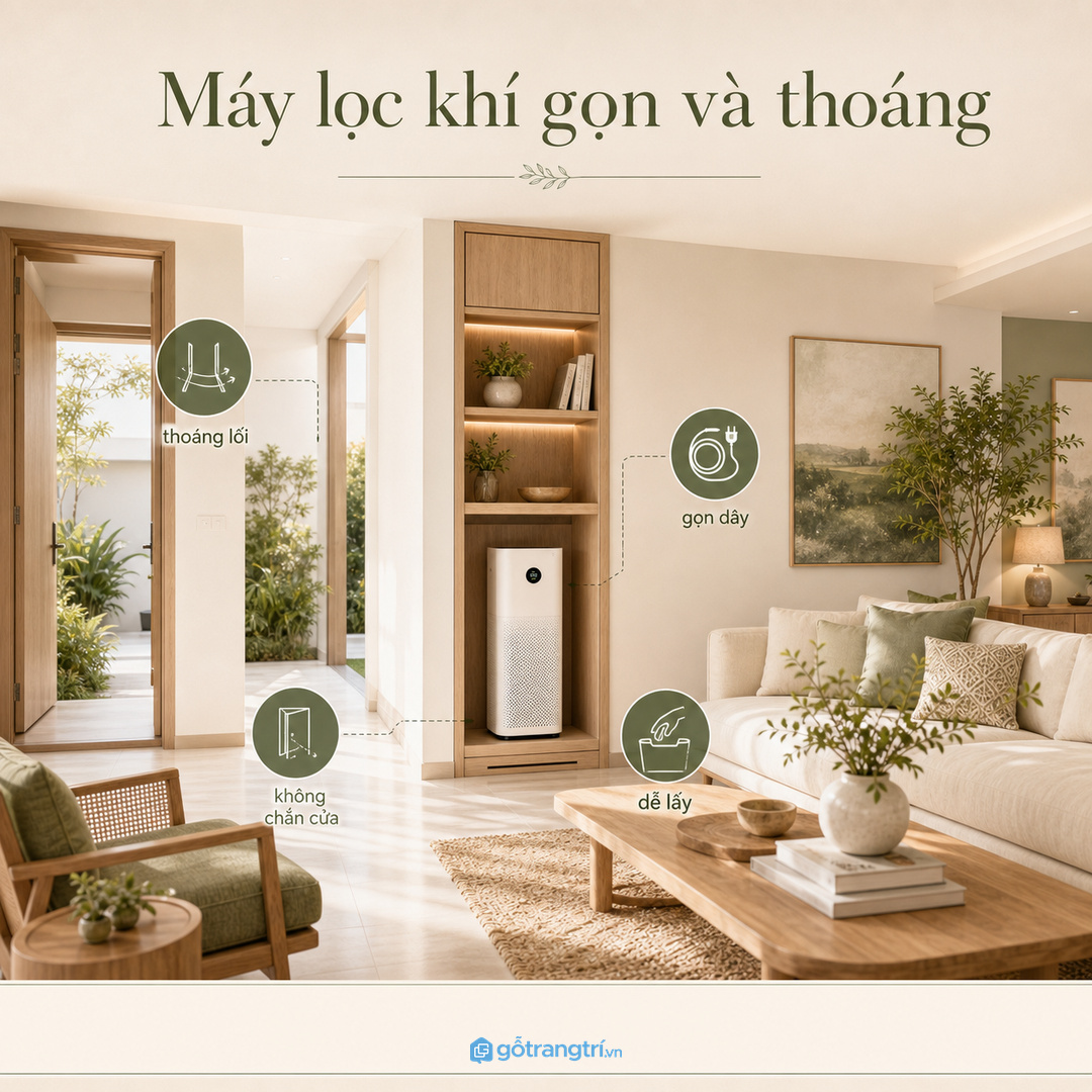 Tủ máy lọc không khí giúp phòng khách nhỏ gọn lối đi và dễ lấy khi cần