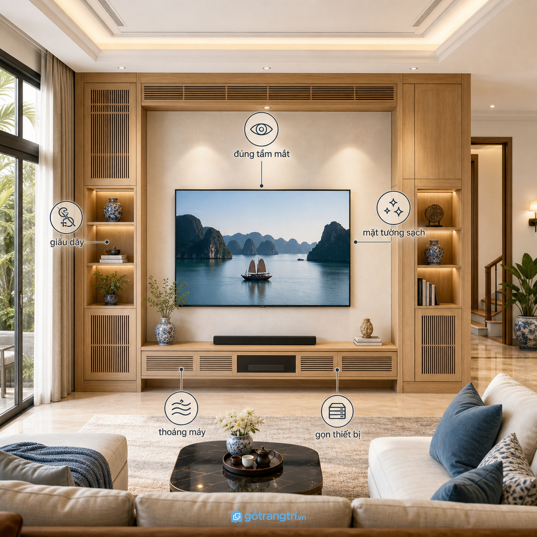 Tủ media âm tường giúp phòng giải trí biệt thự gọn thiết bị và sạch mặt tường