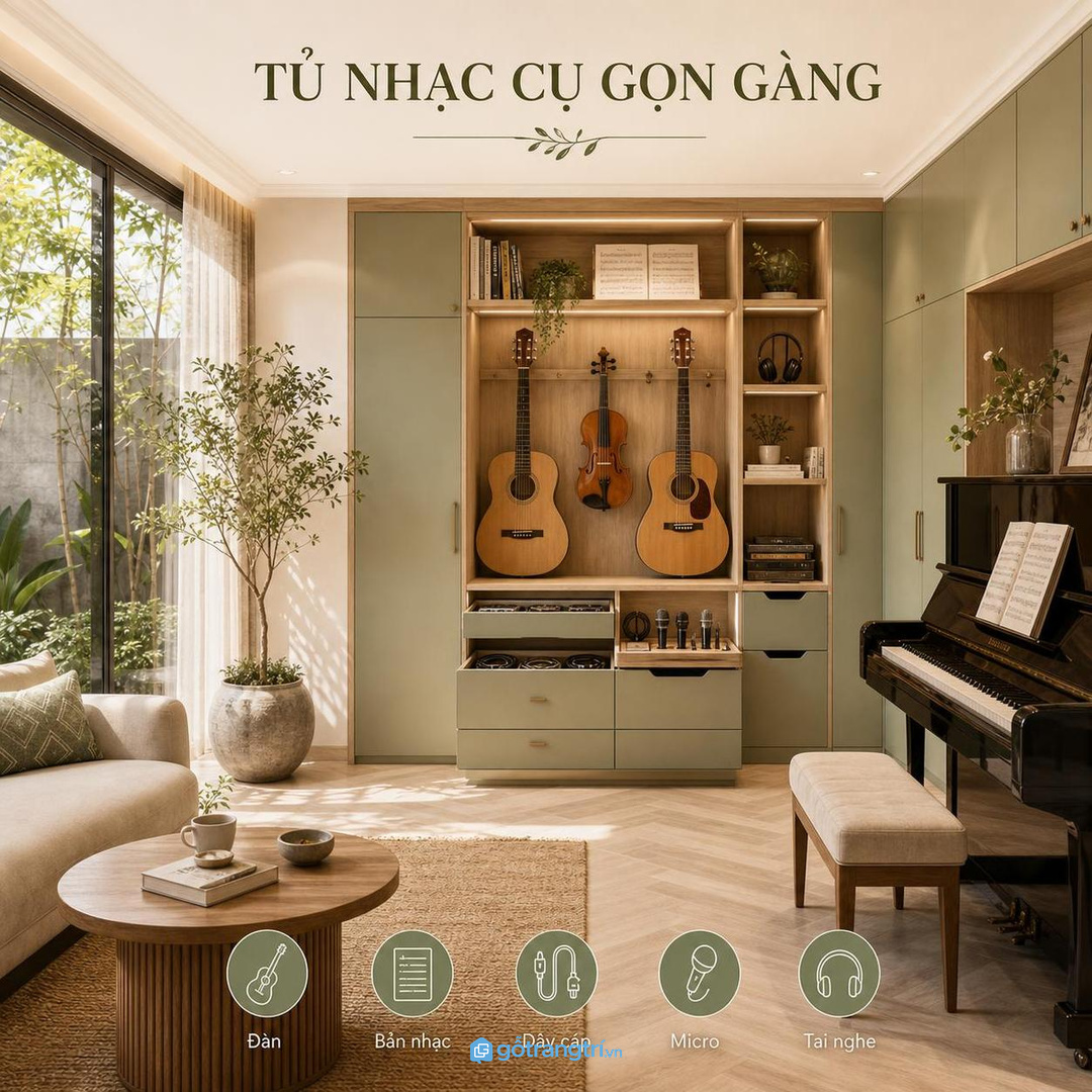 Tủ nhạc cụ giúp phòng nhạc biệt thự gọn và dễ dùng hơn