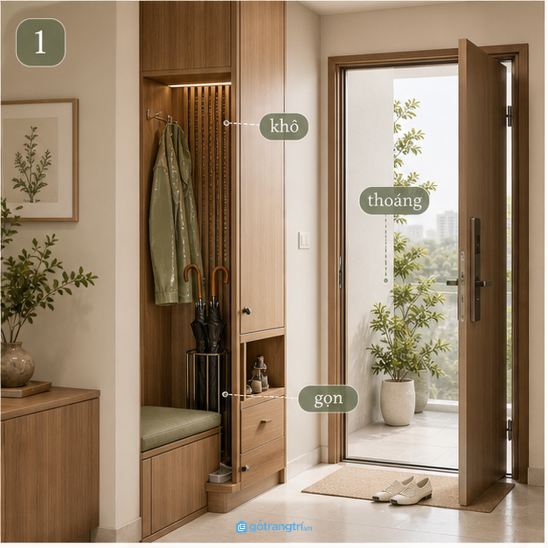 Tủ ô dù áo mưa hợp phong thủy giúp lối vào khô sạch và gọn hơn