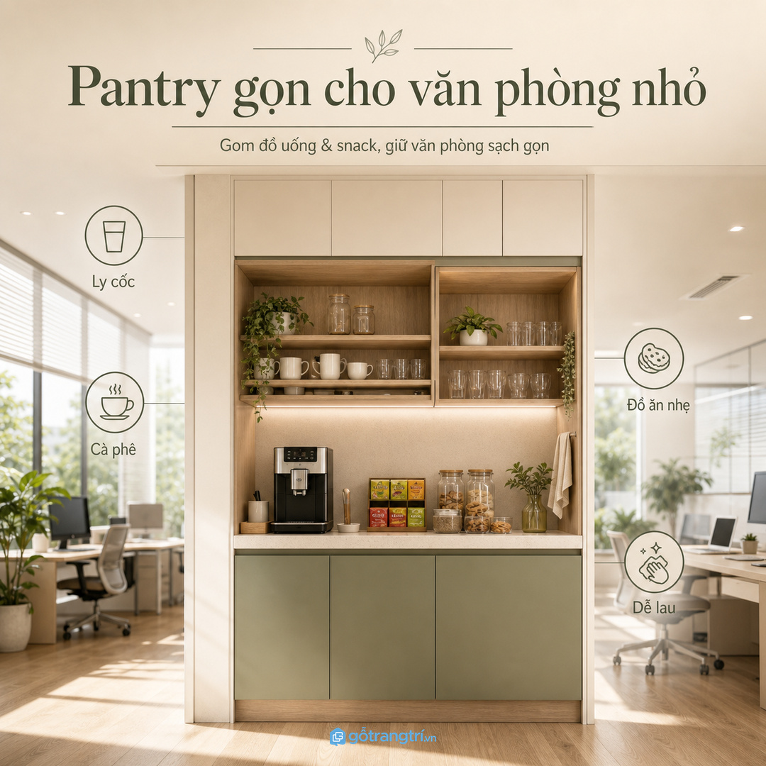 Tủ pantry văn phòng nhỏ gom ly cốc, cà phê và đồ ăn nhẹ gọn gàng