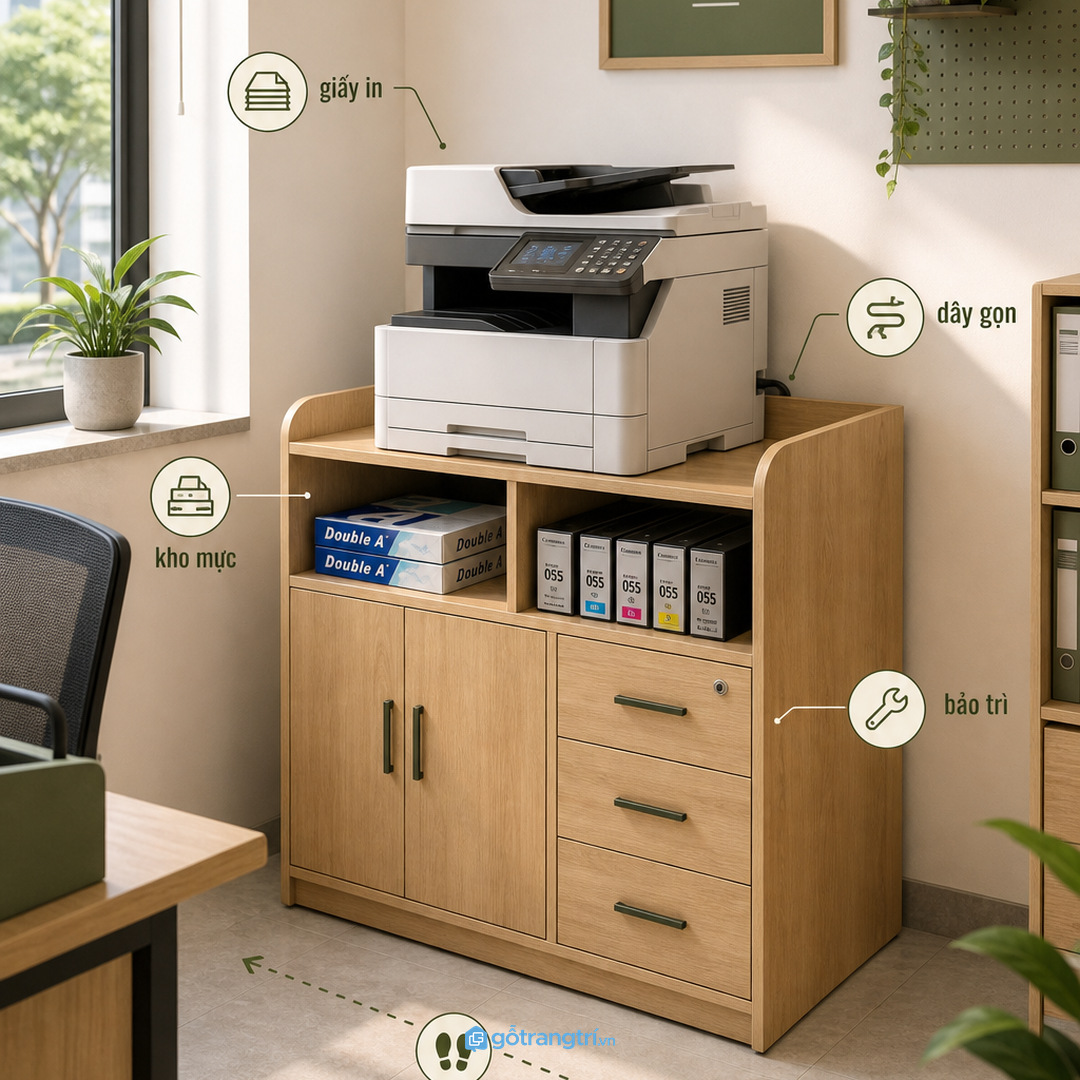 Tủ máy photocopy cho văn phòng nhỏ giấu giấy, sạch dây và dễ bảo trì