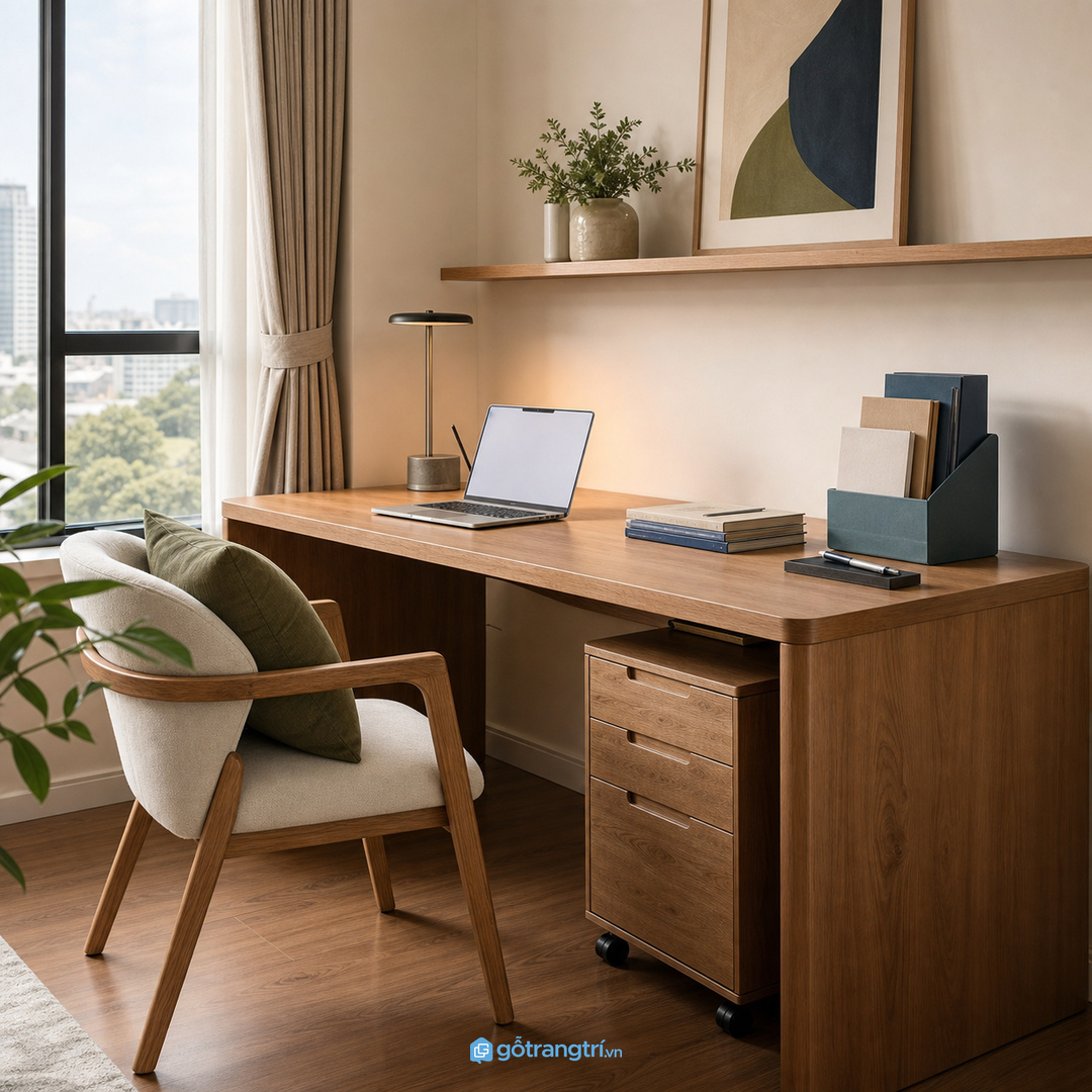 Tủ phụ di động giúp gom hồ sơ và giữ mặt bàn làm việc sạch hơn.