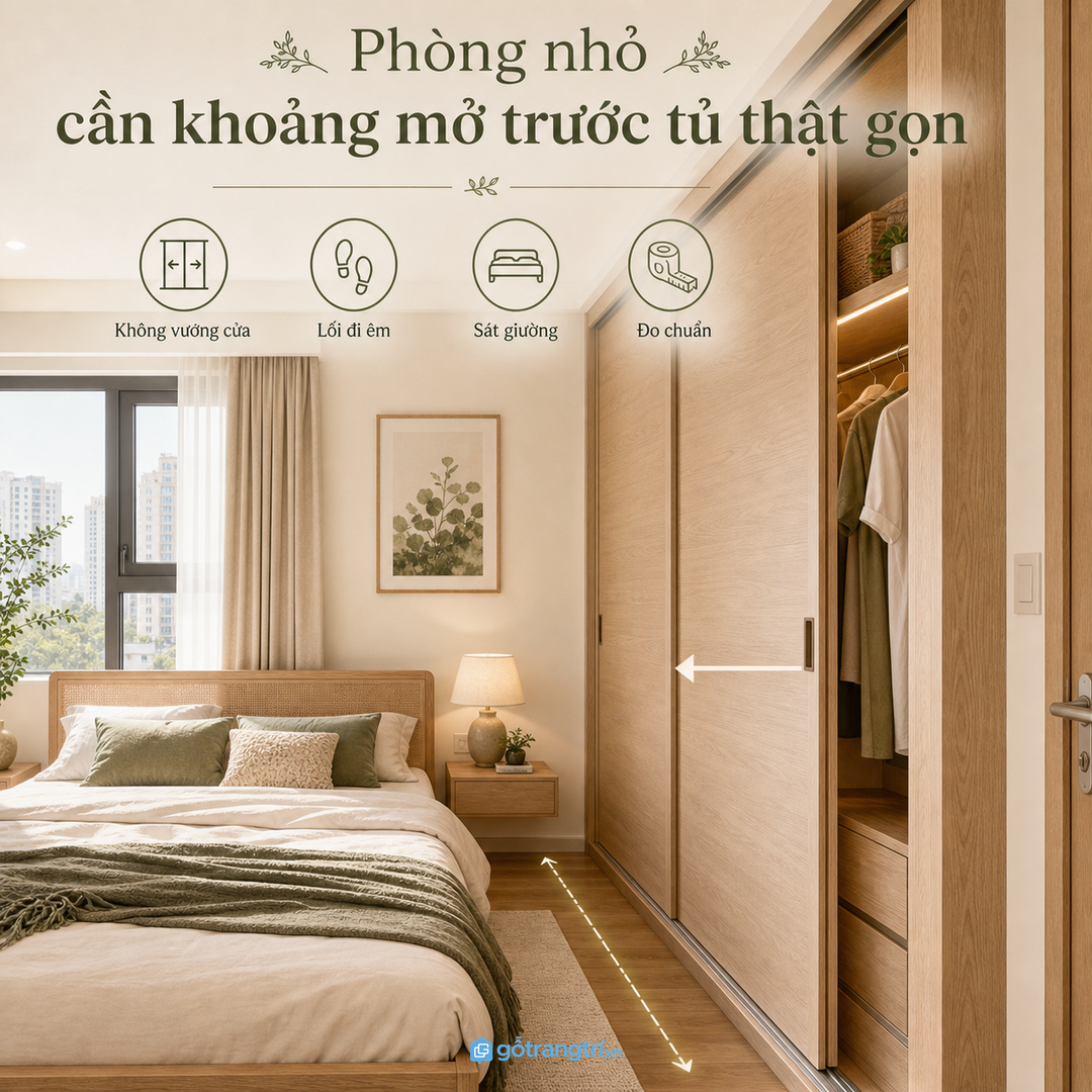 Tủ quần áo âm tường giúp phòng ngủ chung cư nhỏ gọn mảng hơn