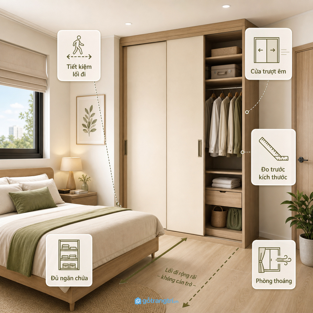 Tủ quần áo cửa lùa 2 cánh giúp phòng ngủ nhỏ giữ lối đi gọn và dễ lấy đồ