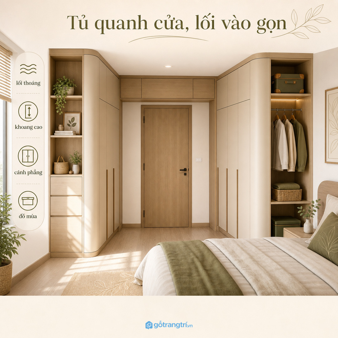 Tủ quần áo quanh cửa giúp phòng ngủ nhỏ thêm kho mà vẫn giữ lối vào gọn