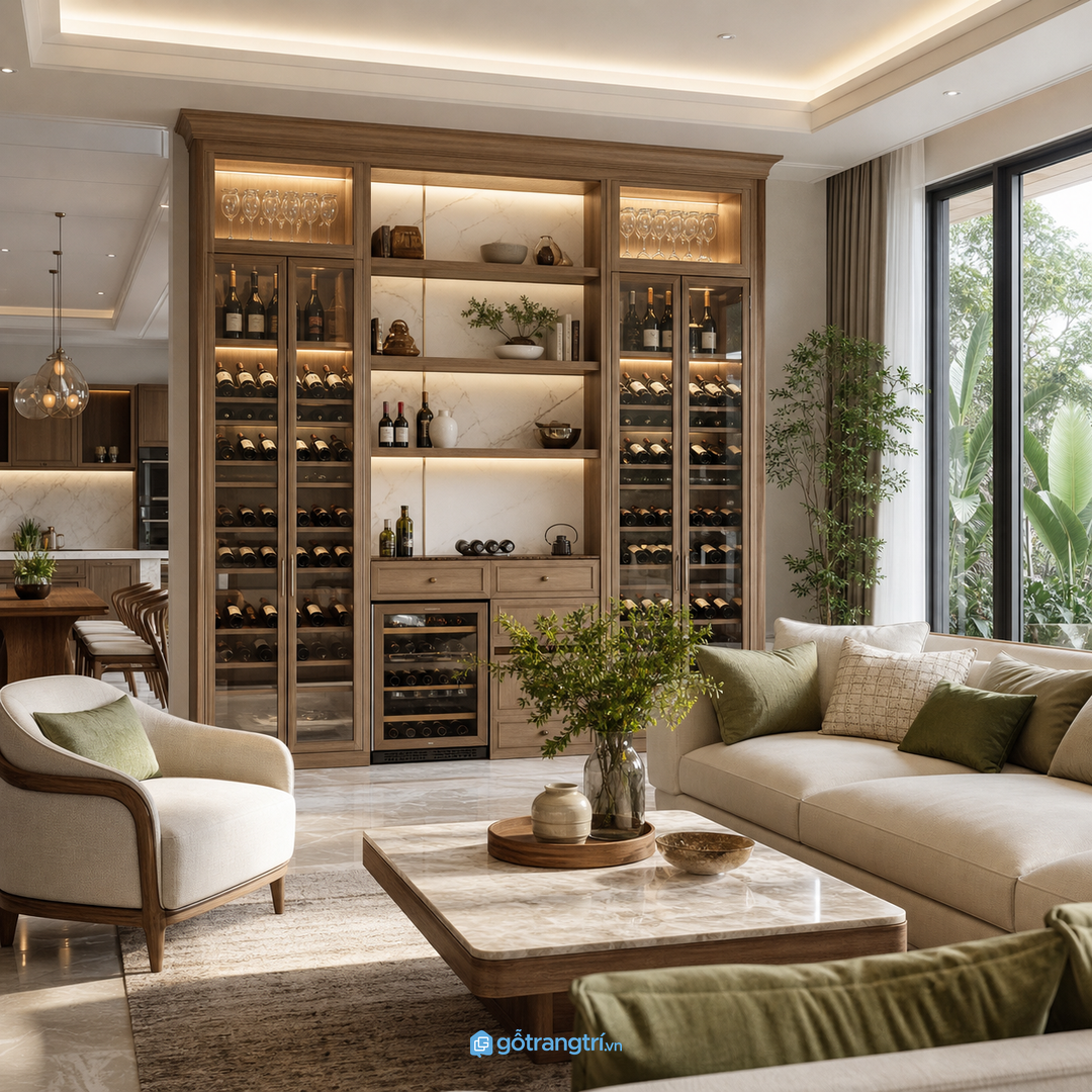 Tủ rượu âm tường biệt thự nên gọn trong mảng tường và thuận tiện tiếp khách