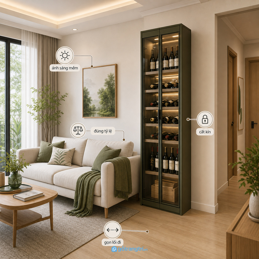 Tủ rượu cánh kính giúp phòng khách nhỏ sáng và gọn hơn