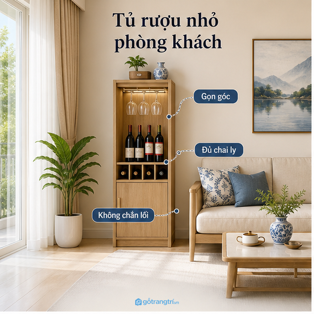 Tủ rượu nhỏ giúp phòng khách gọn chai ly mà vẫn thoáng