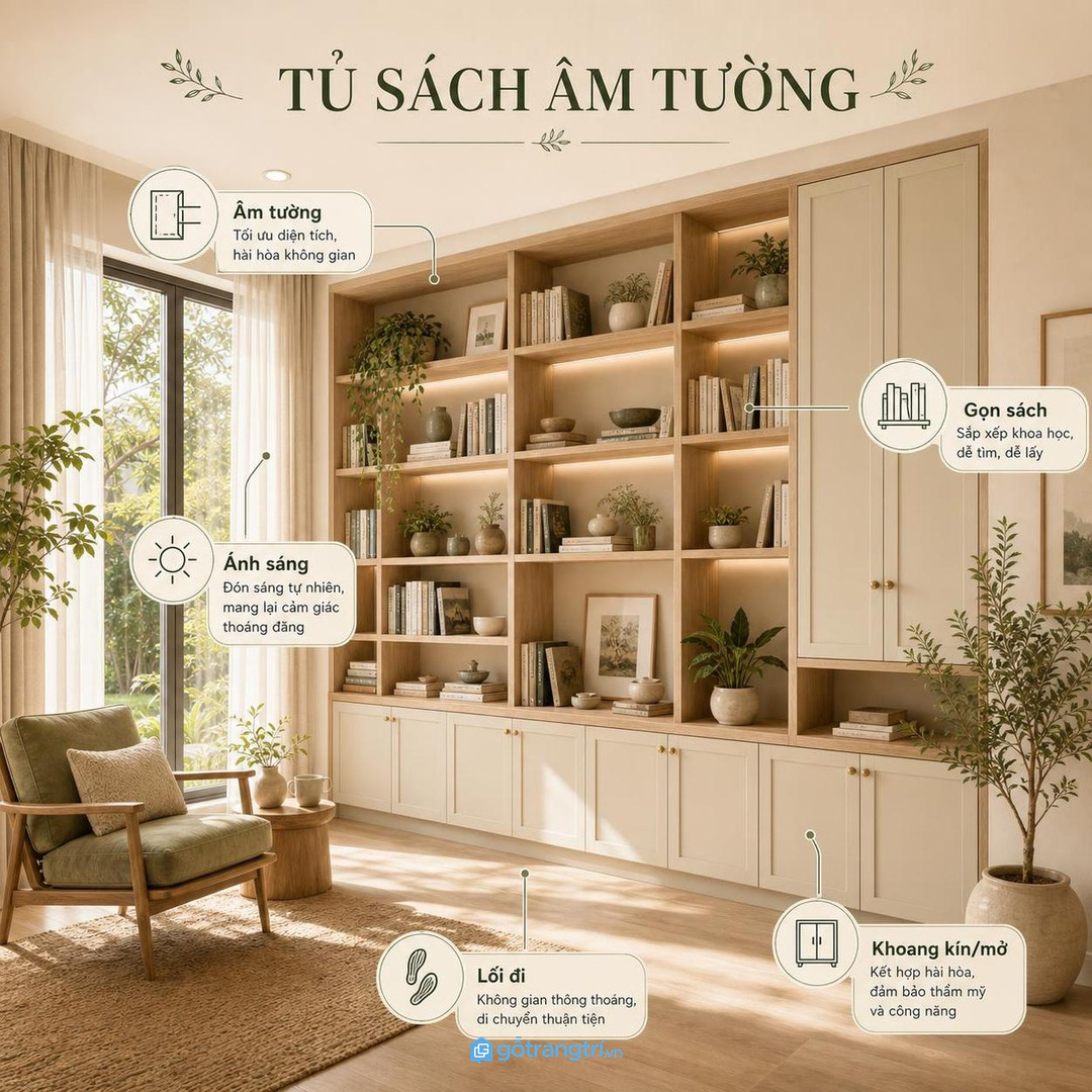 Tủ sách âm tường giúp phòng đọc biệt thự gọn sách, sang và có chiều sâu