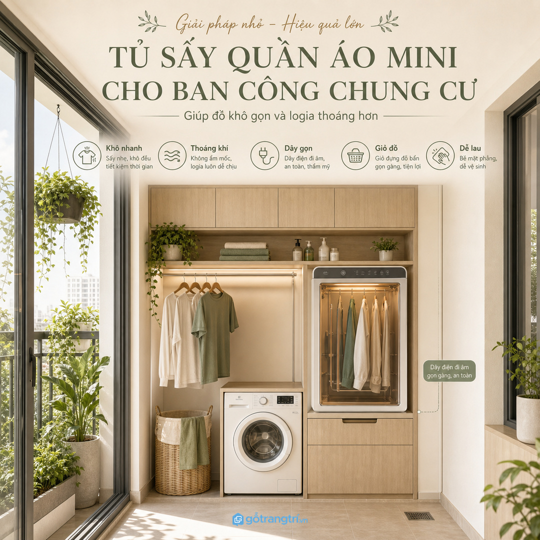Tủ sấy quần áo mini cho ban công chung cư giúp đồ khô gọn và logia thoáng hơn